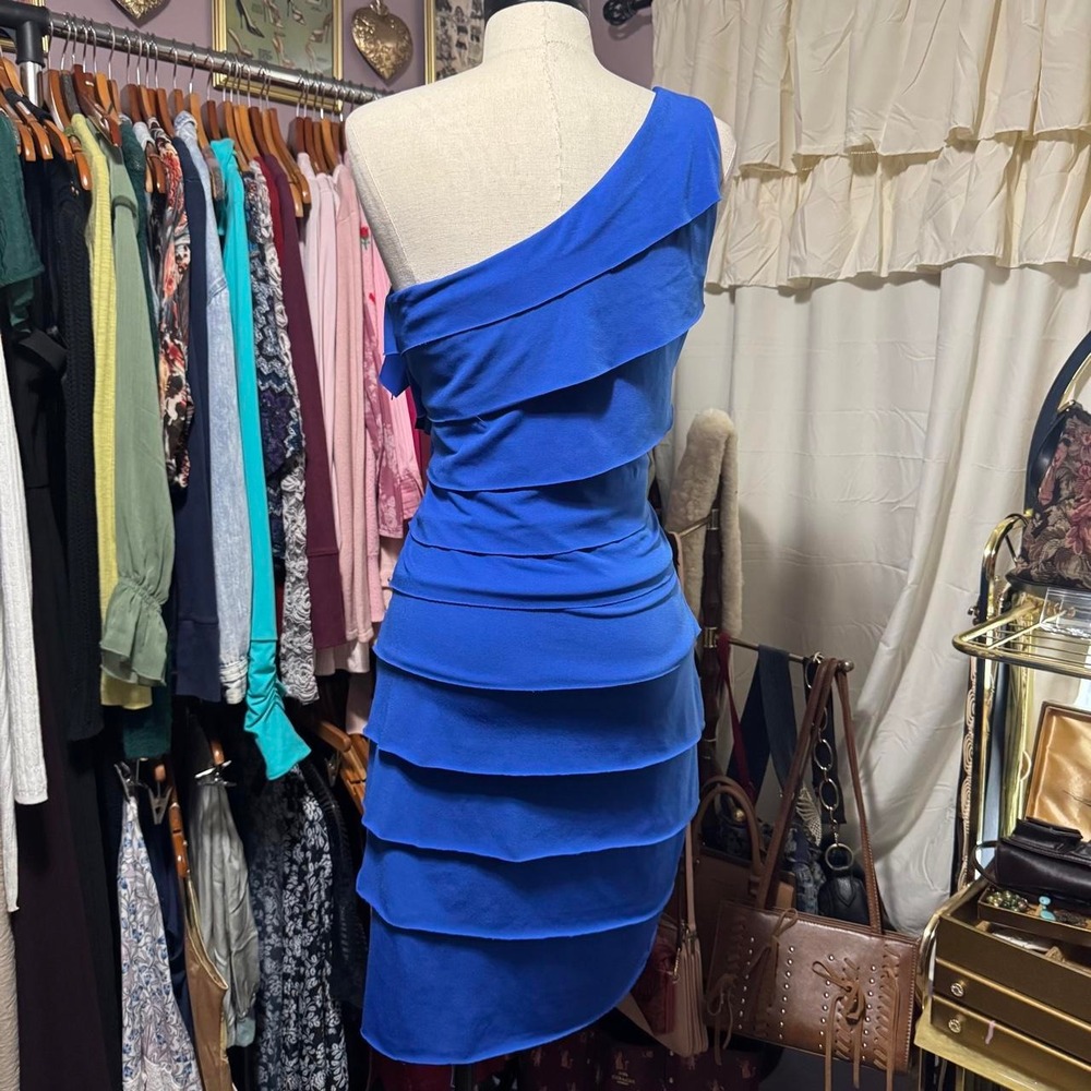 Blue One Shoulder Ruffle Mini Party Dress - Picture 4 of 5